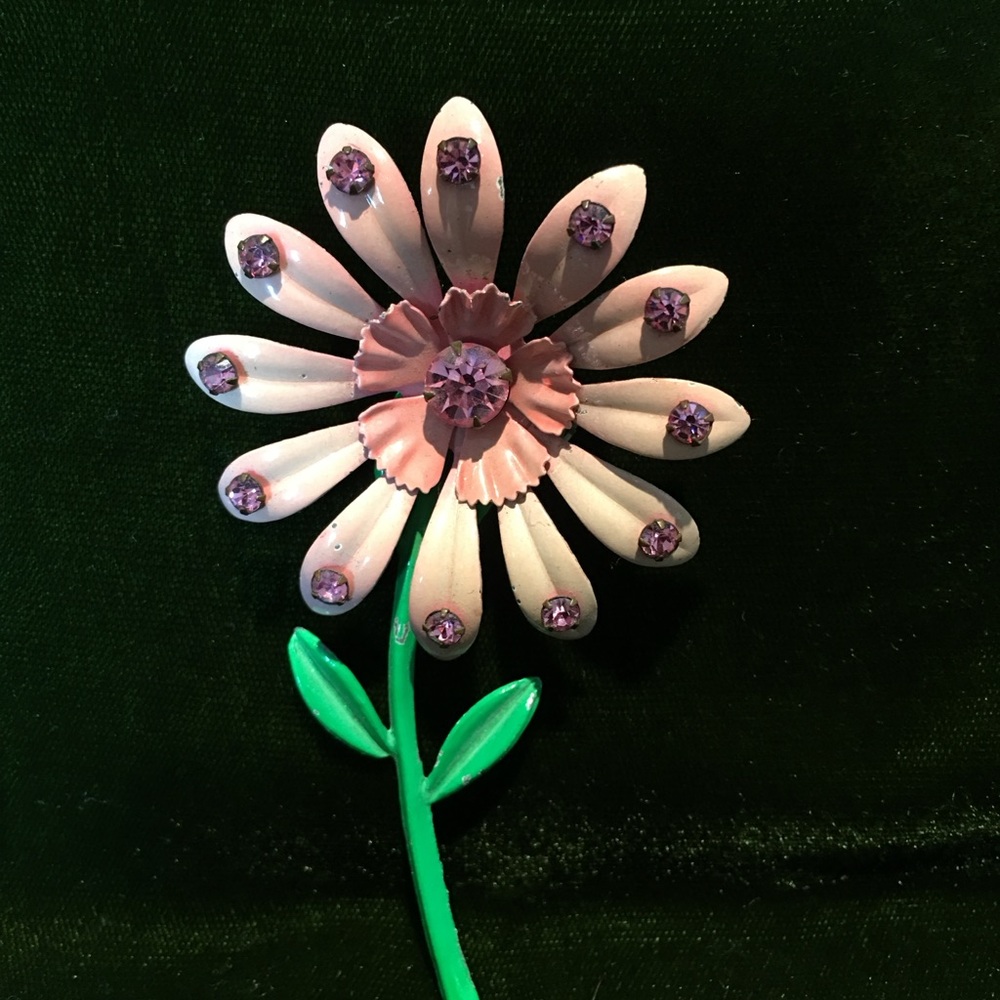 Vintage Pink and Green Flower Brooch with Purple Accents
